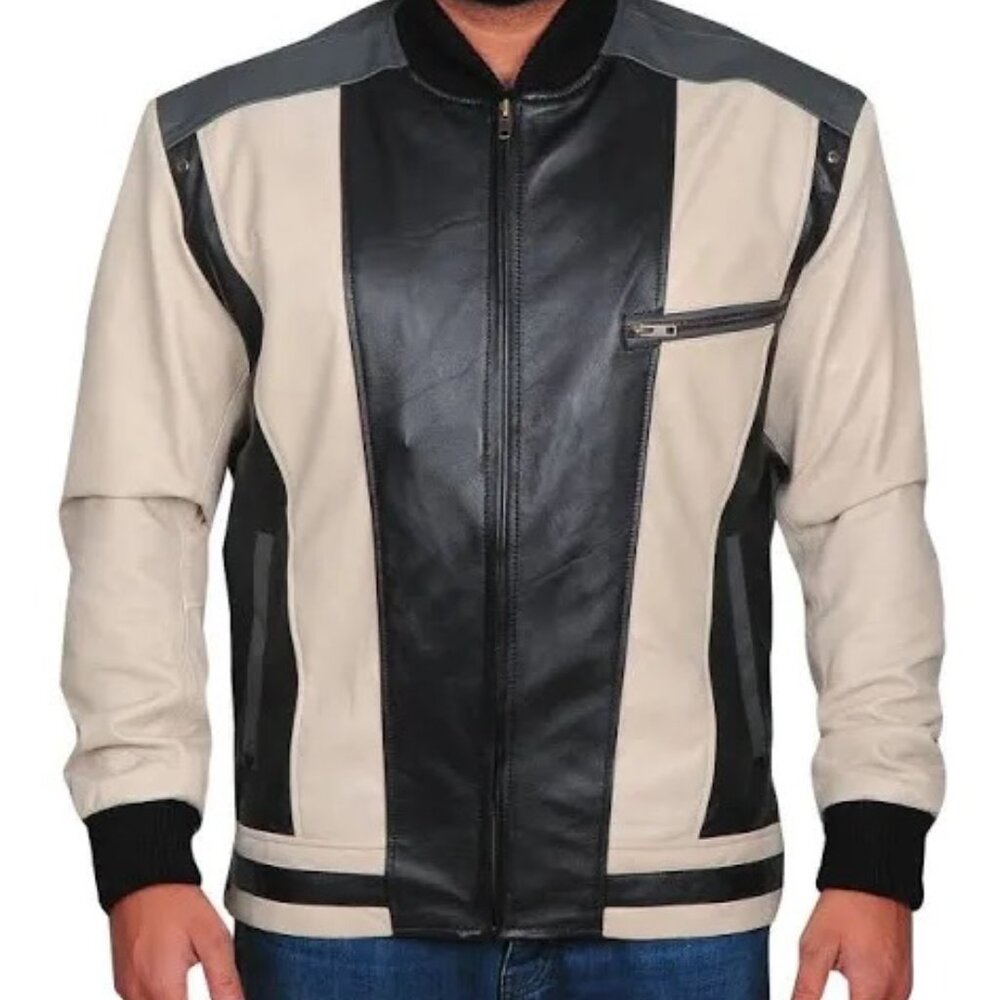 Men's Black and Cream Bomber Jacket - Picture 5 of 6